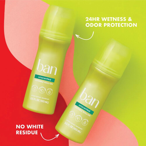 Ban Invisible Roll-On Antiperspirant Deodorant Unscented with Odor-Fighting Ingredients - 3.5oz